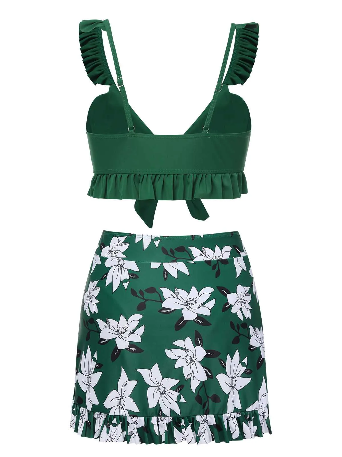 Green 1960s Strap Floral Ruffles Swimsuit