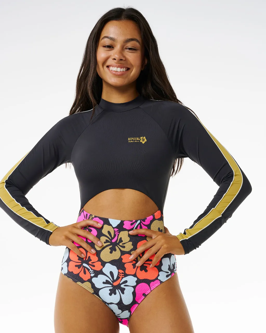 Hibiscus Heat Splice Long Sleeve One Piece Swimsuit in Multi
