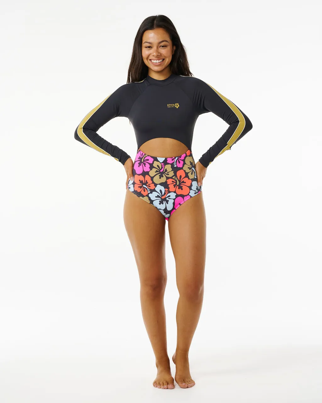 Hibiscus Heat Splice Long Sleeve One Piece Swimsuit in Multi