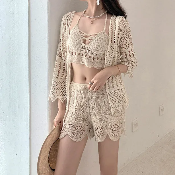 Hollow Knit Cardigan Split Swimsuit Three Piece Set
