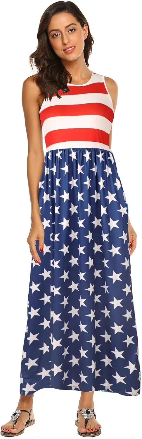 Hount Women's Summer Sleeveless Striped Flowy Casual Long Maxi Dress with Pockets