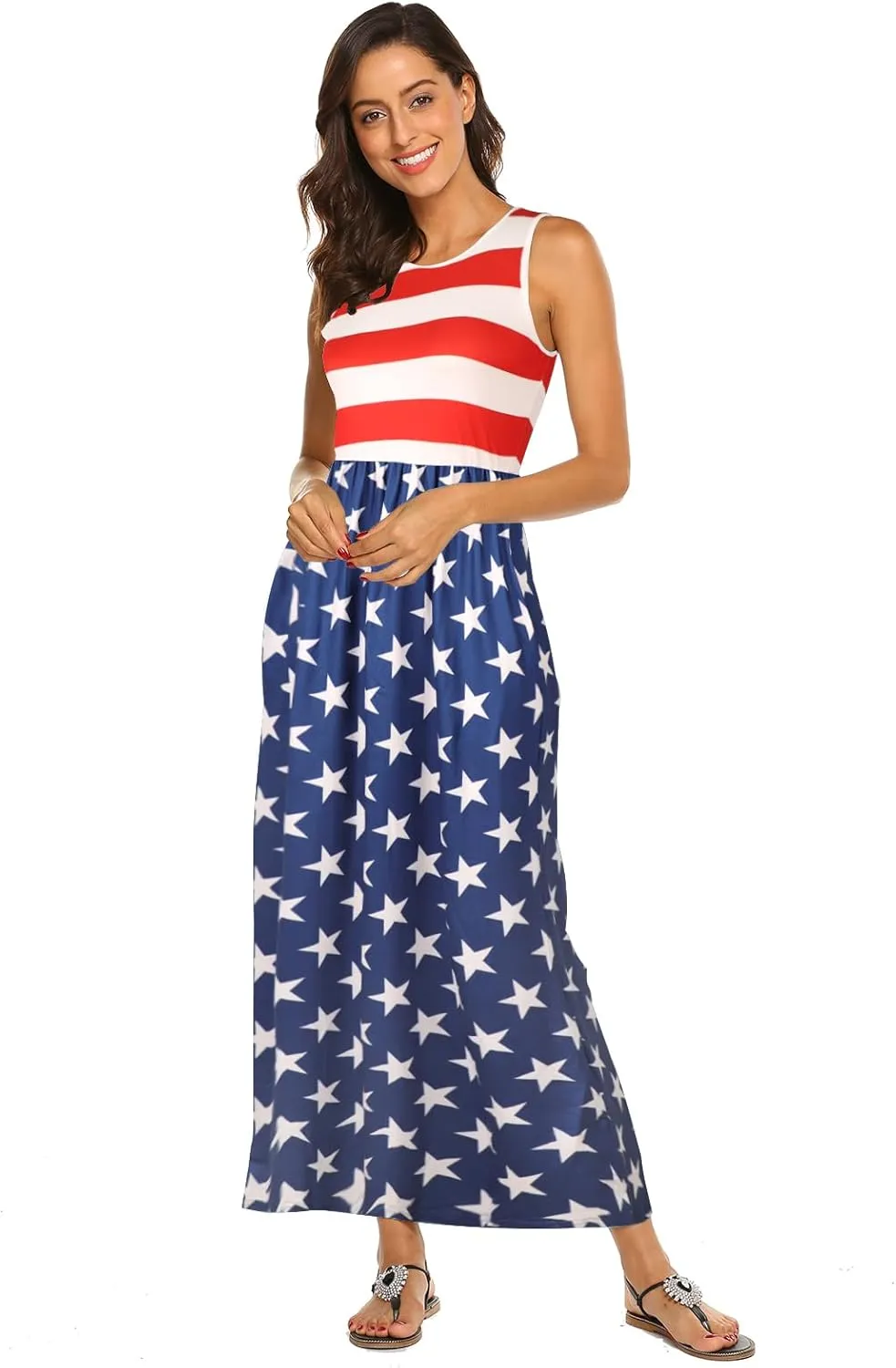 Hount Women's Summer Sleeveless Striped Flowy Casual Long Maxi Dress with Pockets