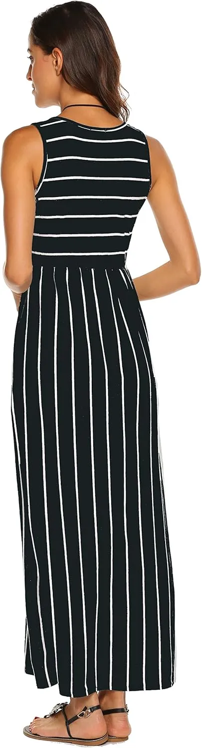 Hount Women's Summer Sleeveless Striped Flowy Casual Long Maxi Dress with Pockets