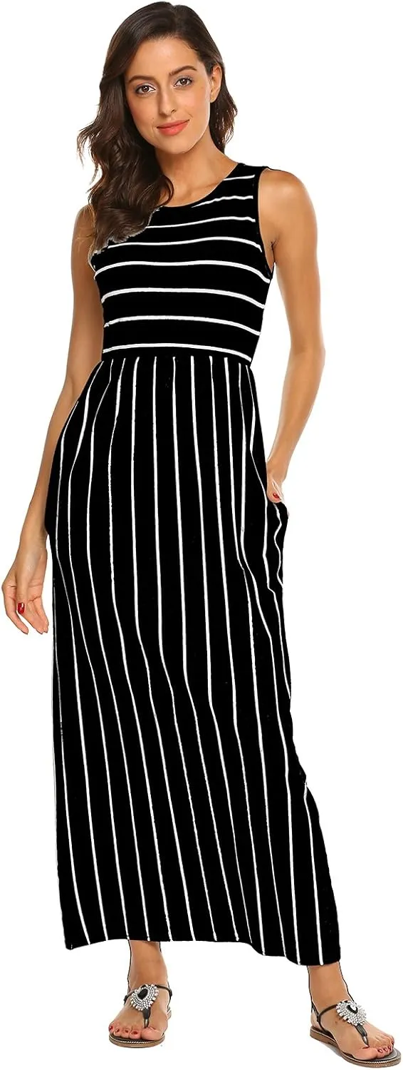 Hount Women's Summer Sleeveless Striped Flowy Casual Long Maxi Dress with Pockets