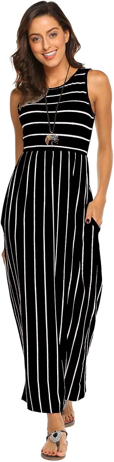 Hount Women's Summer Sleeveless Striped Flowy Casual Long Maxi Dress with Pockets