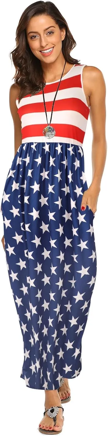 Hount Women's Summer Sleeveless Striped Flowy Casual Long Maxi Dress with Pockets