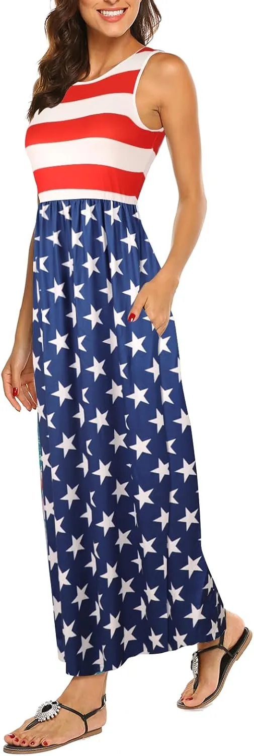 Hount Women's Summer Sleeveless Striped Flowy Casual Long Maxi Dress with Pockets