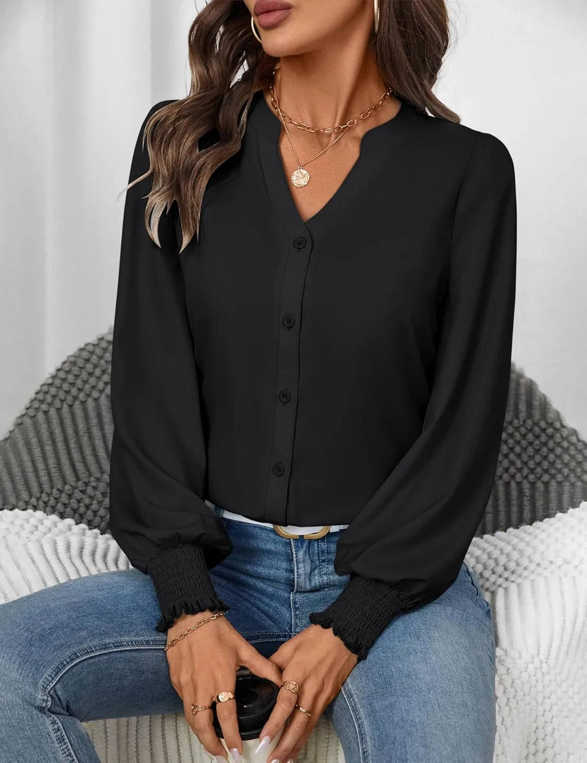 LOMON Button Down Shirt Women Fall Lantern Long Sleeve Blouses Casual Shirts
