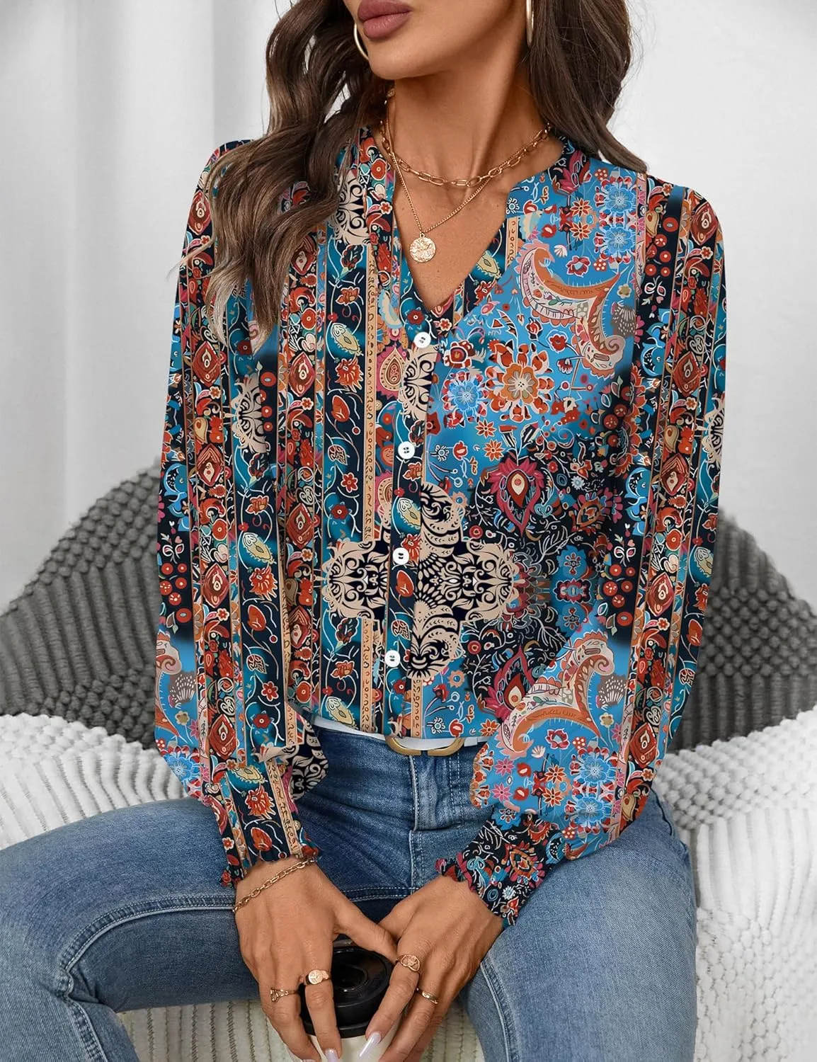 LOMON Button Down Shirt Women Fall Lantern Long Sleeve Blouses Casual Shirts
