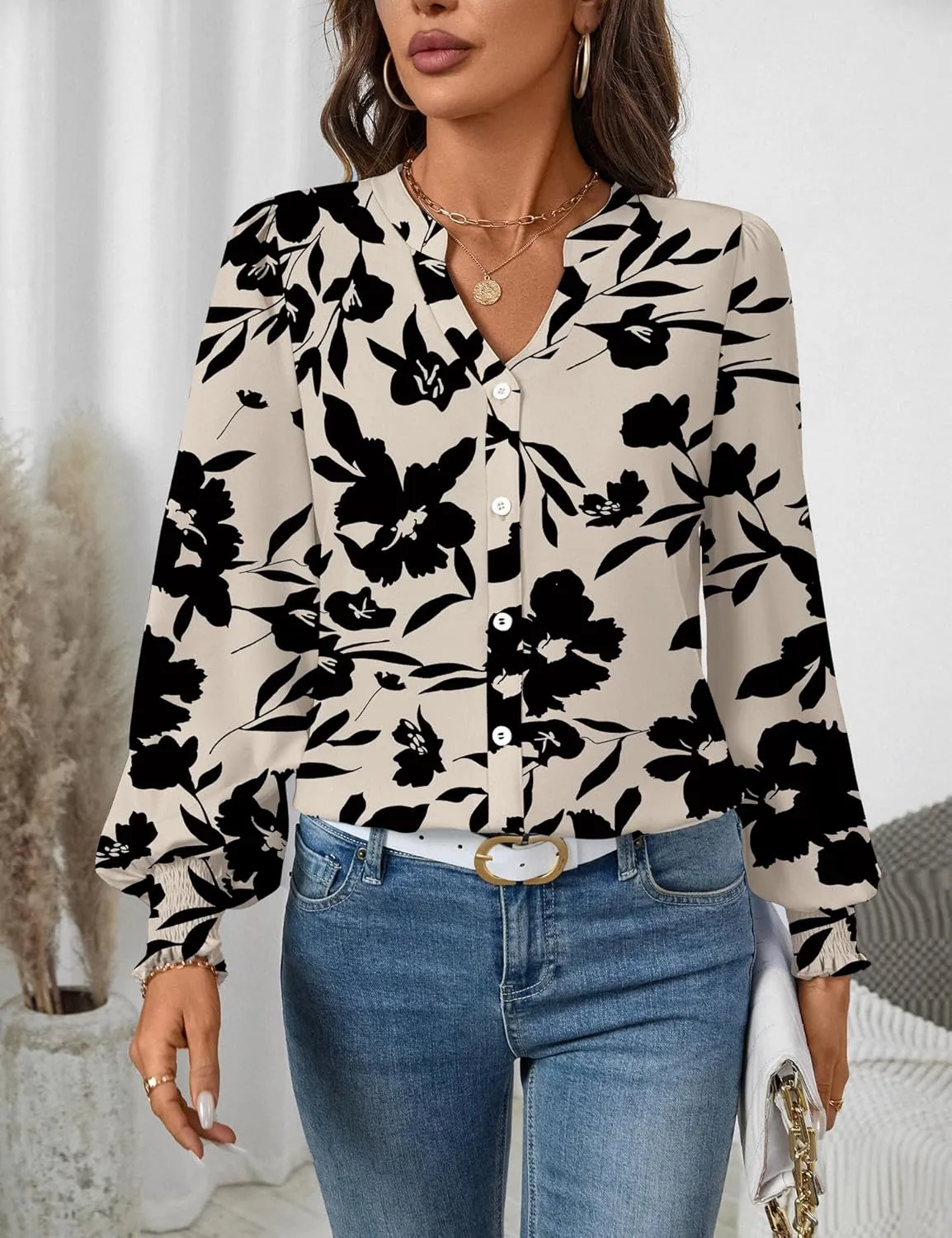 LOMON Button Down Shirt Women Fall Lantern Long Sleeve Blouses Casual Shirts