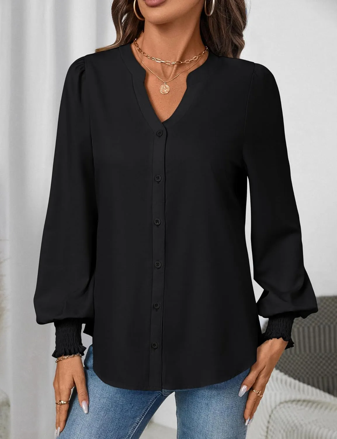 LOMON Button Down Shirt Women Fall Lantern Long Sleeve Blouses Casual Shirts