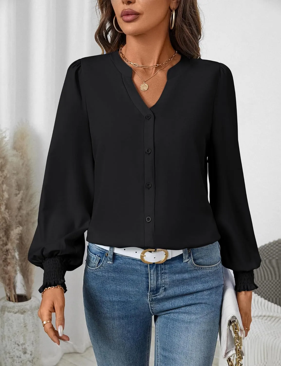 LOMON Button Down Shirt Women Fall Lantern Long Sleeve Blouses Casual Shirts
