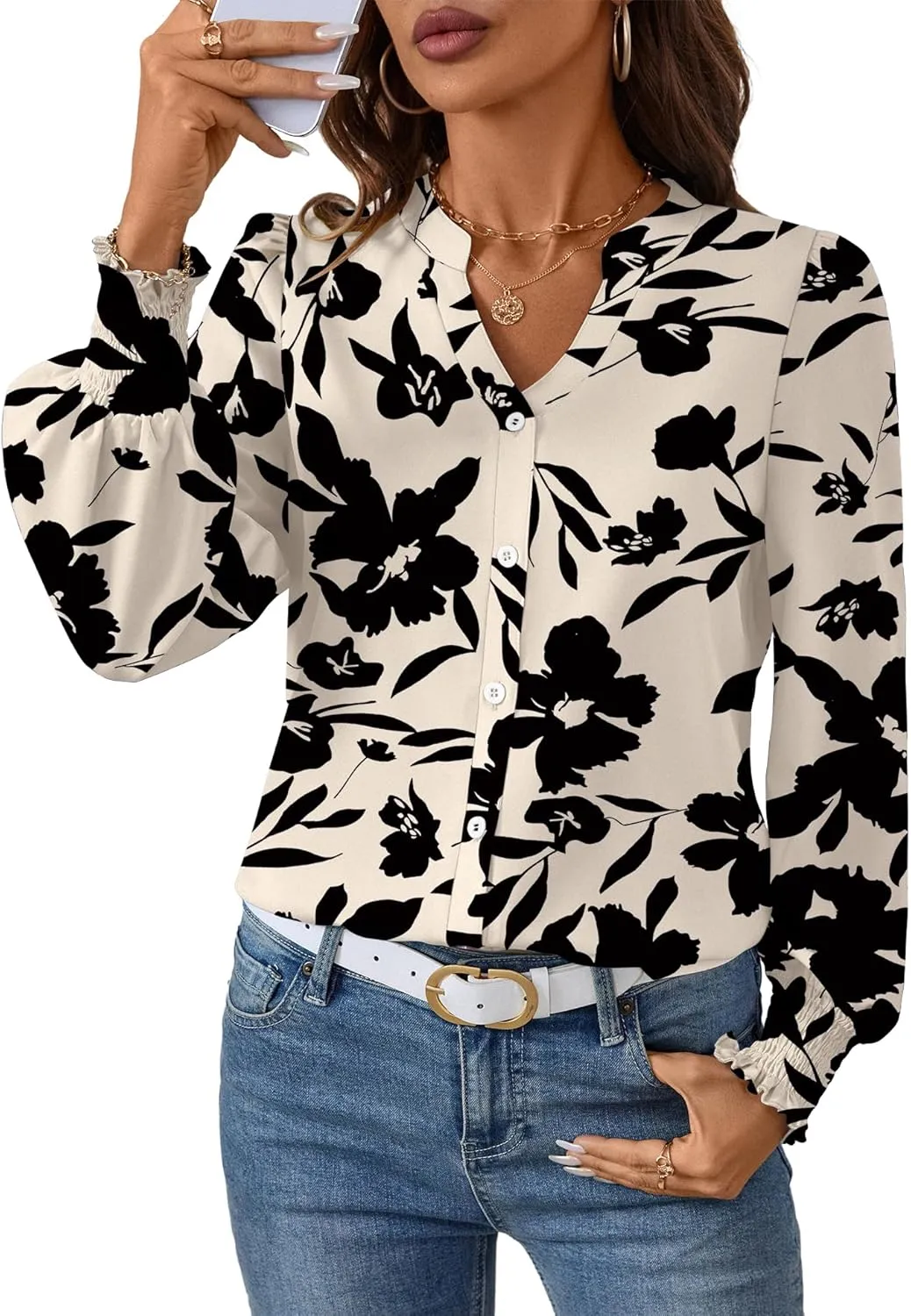 LOMON Button Down Shirt Women Fall Lantern Long Sleeve Blouses Casual Shirts