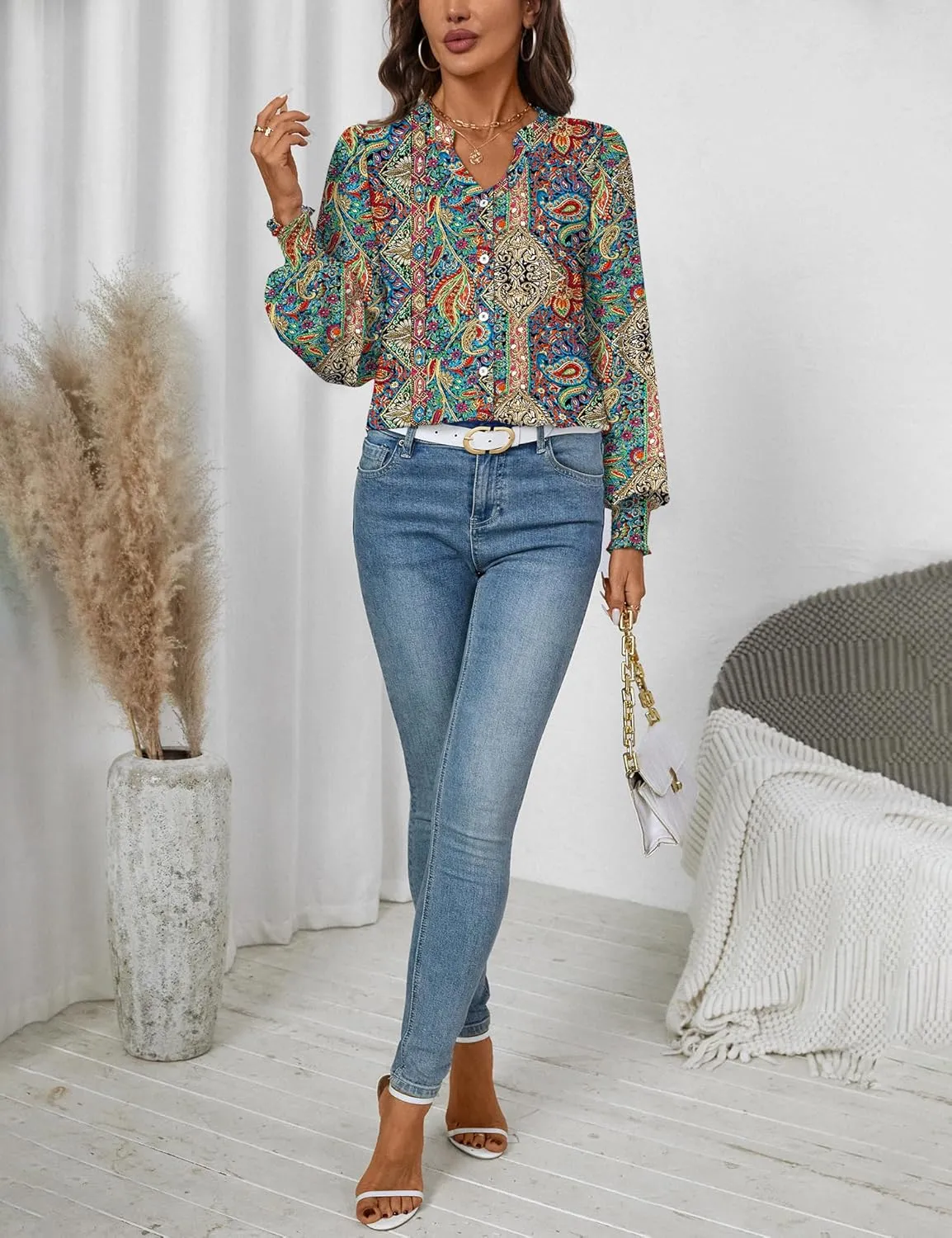 LOMON Button Down Shirt Women Fall Lantern Long Sleeve Blouses Casual Shirts