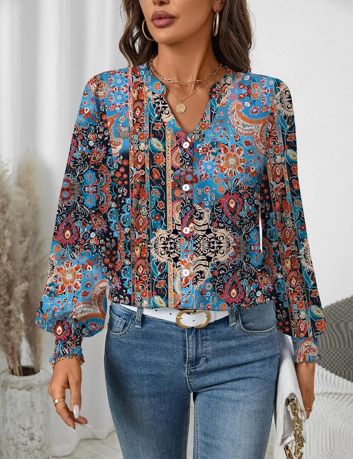LOMON Button Down Shirt Women Fall Lantern Long Sleeve Blouses Casual Shirts