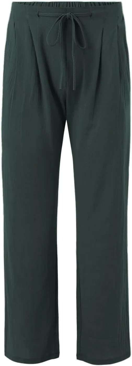 Men Linen Pants Plain Plus Size Flat Front Pants Lightweight Drawstring Waist Vacation Slacks Summer Casual Trousers