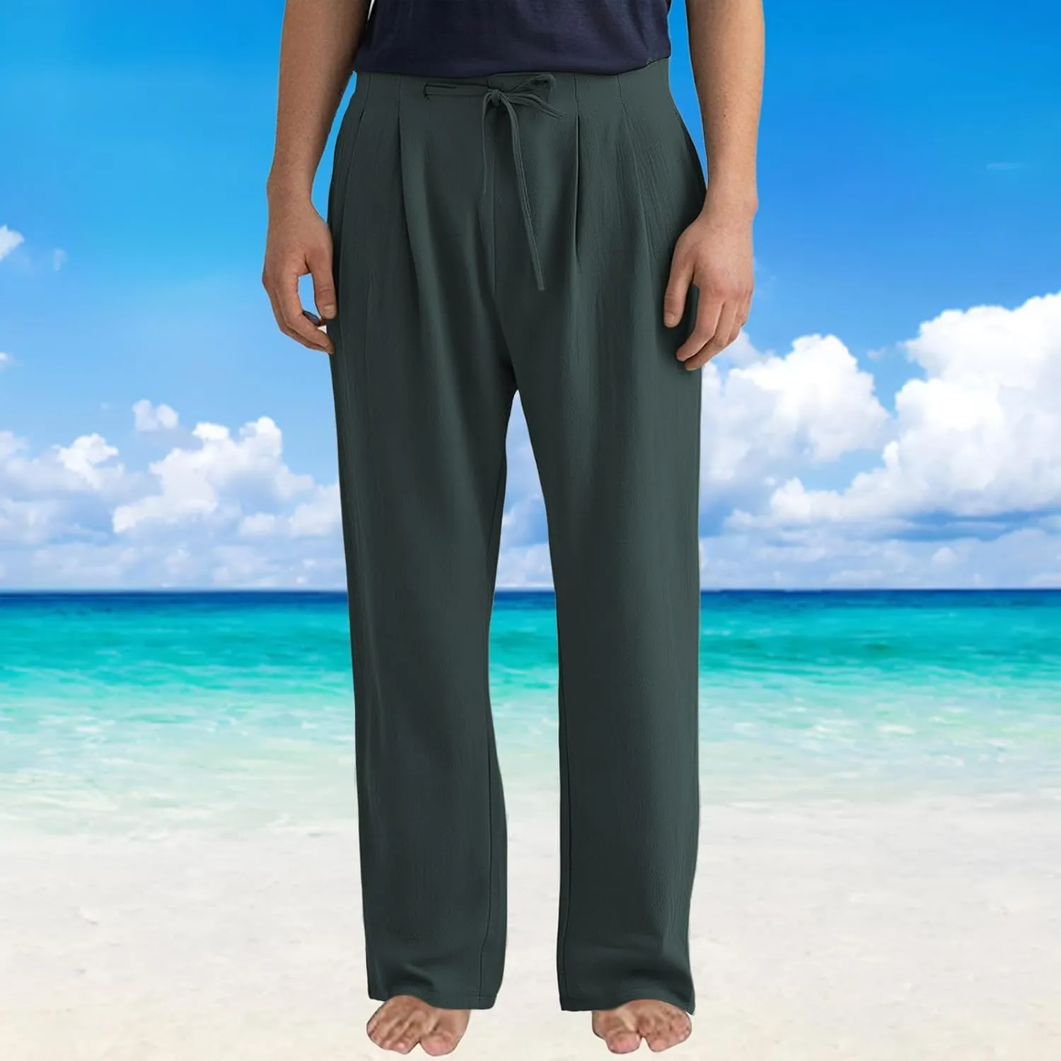 Men Linen Pants Plain Plus Size Flat Front Pants Lightweight Drawstring Waist Vacation Slacks Summer Casual Trousers