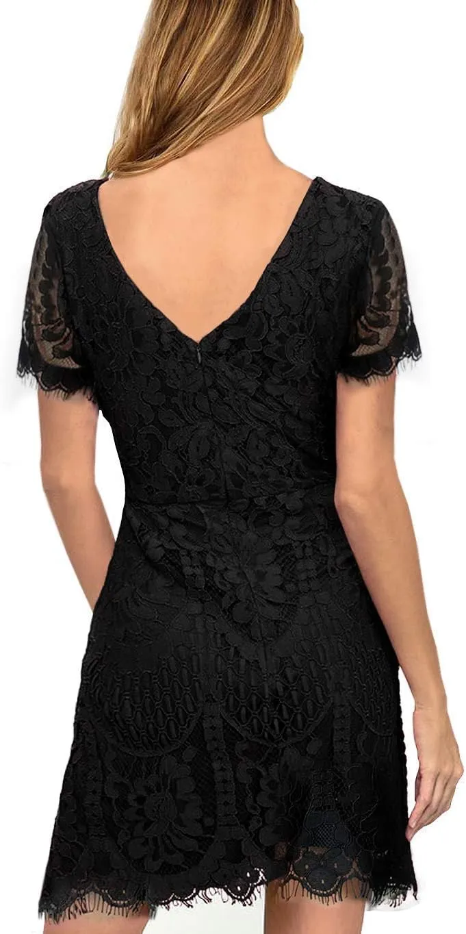 MSLG Women's Elegant Round Neck V-Back Wedding Guest Floral Lace Cocktail Party A Line Dress 910