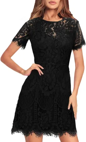 MSLG Women's Elegant Round Neck V-Back Wedding Guest Floral Lace Cocktail Party A Line Dress 910
