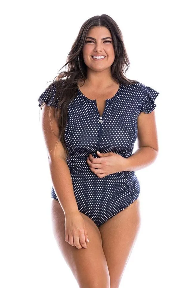 Navy & White Polka Dot Frill Sleeve One Piece