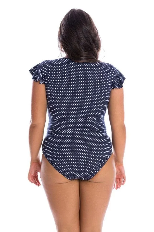 Navy & White Polka Dot Frill Sleeve One Piece