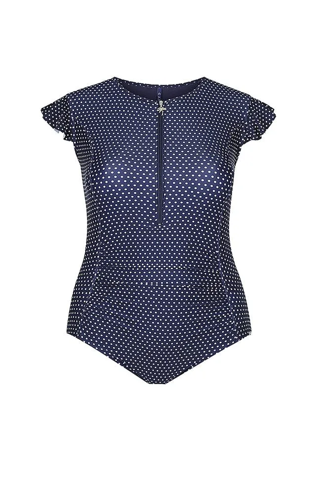 Navy & White Polka Dot Frill Sleeve One Piece