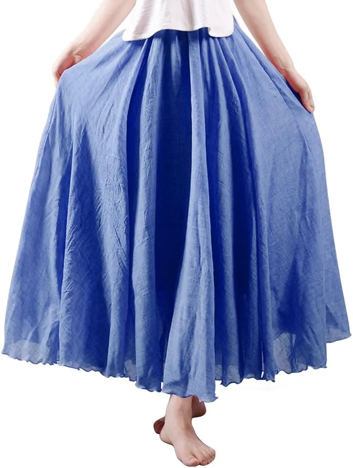 OCHENTA Women's Girls Elastic Waist Long Flowy Bohemian Cotton Casual Maxi Skirt for Summer Beach Holiday
