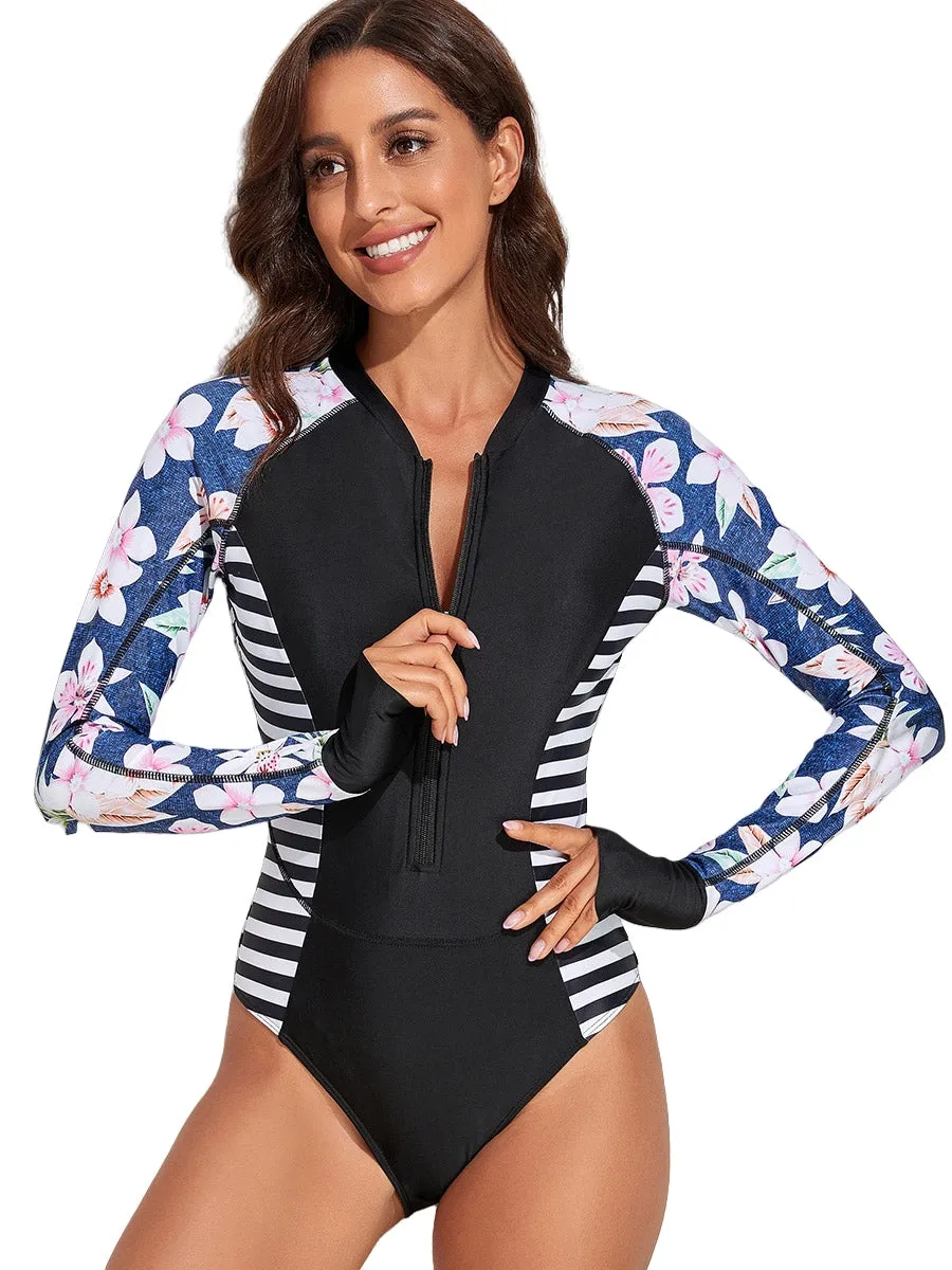 One-piece swimsuit zippered long-sleeved sun protection clothing UPF50  Ruffle Skirt Swim Suit