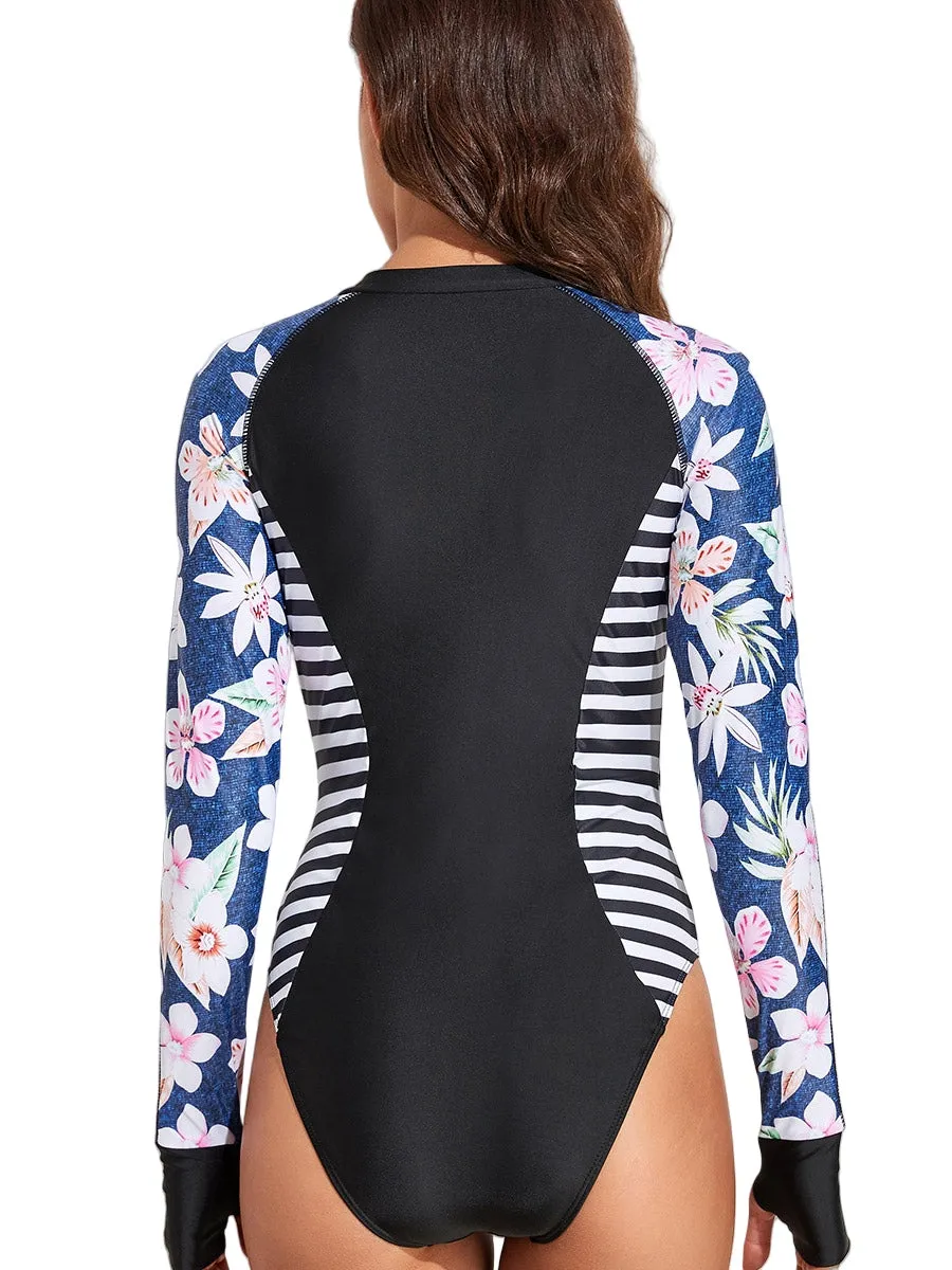 One-piece swimsuit zippered long-sleeved sun protection clothing UPF50  Ruffle Skirt Swim Suit