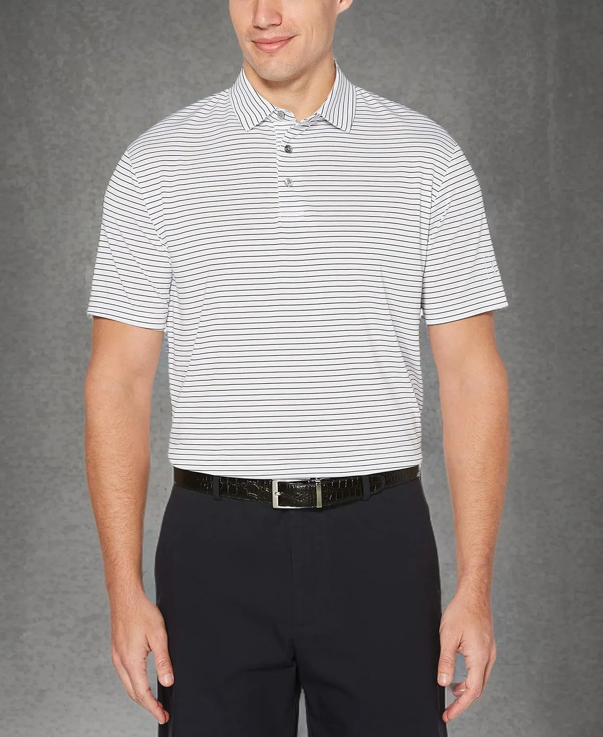 PGA TOUR Stretch Short Sleeve Feeder Stripe Golf Polo, Moisture-Wicking Performance Shirts for Men