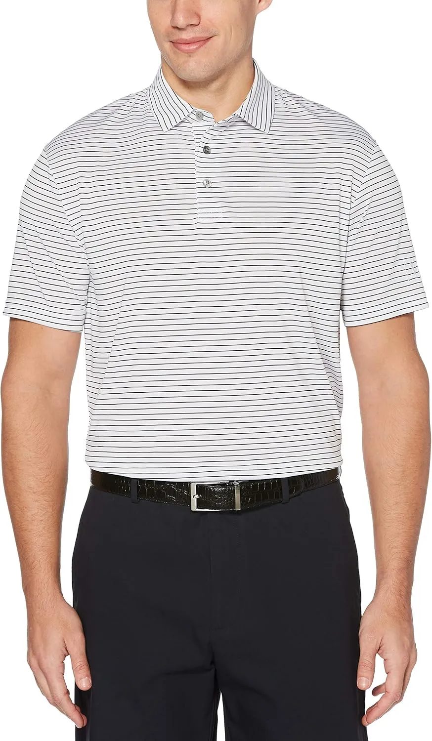 PGA TOUR Stretch Short Sleeve Feeder Stripe Golf Polo, Moisture-Wicking Performance Shirts for Men