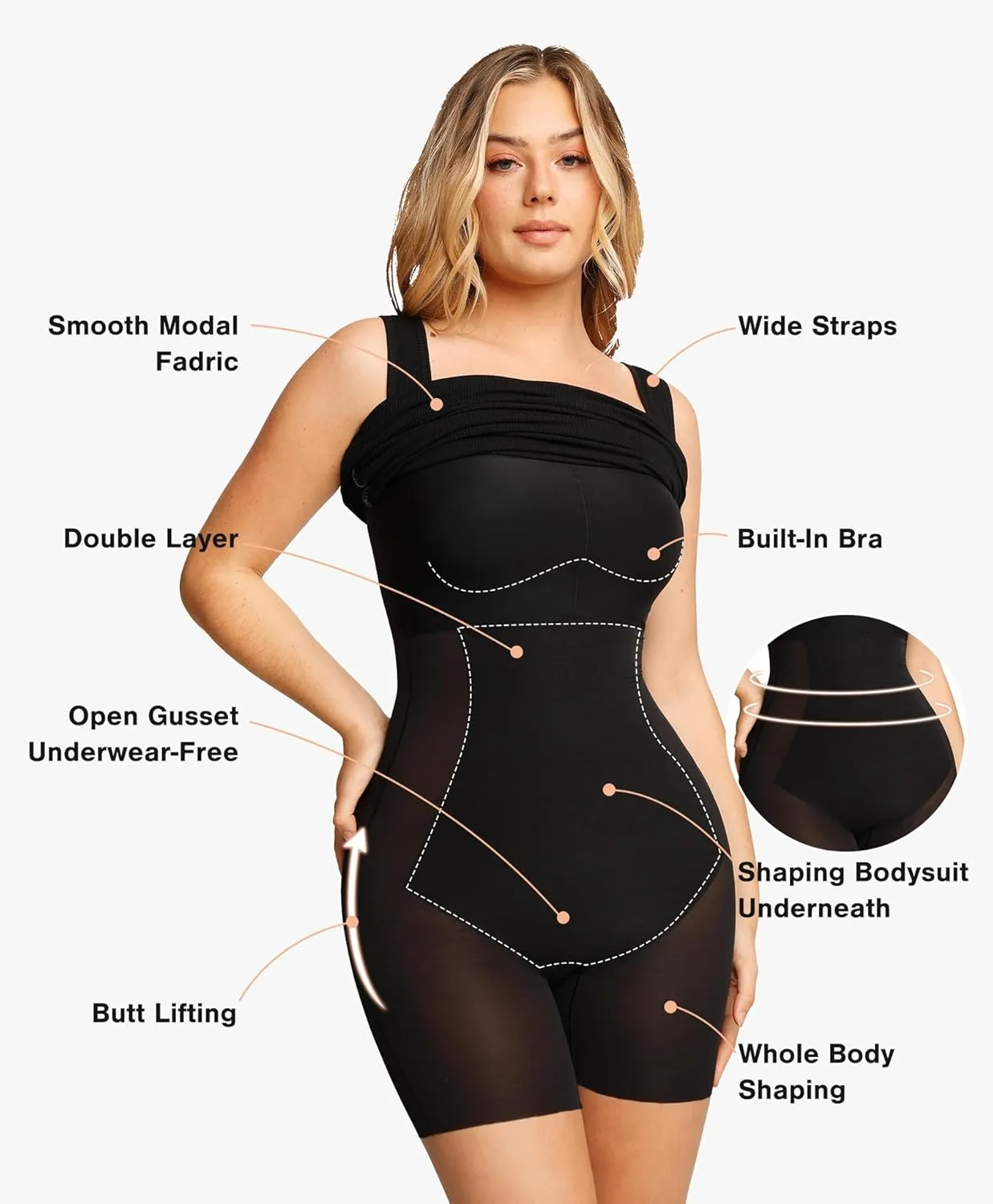 Popilush Shapewear Dress Built in Shapewear Bra 8 in 1 Square Neck Mini Slit Bodycon Summer Dress for Women