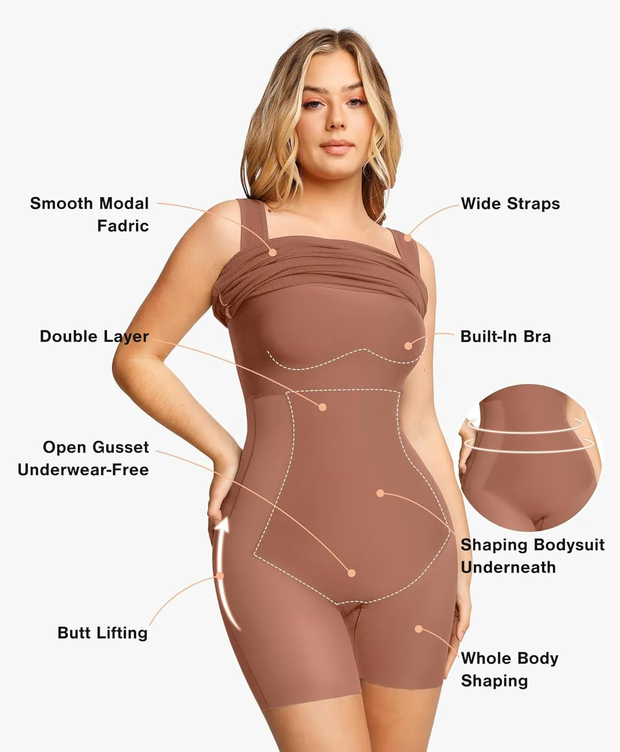 Popilush Shapewear Dress Built in Shapewear Bra 8 in 1 Square Neck Mini Slit Bodycon Summer Dress for Women