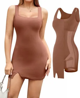 Popilush Shapewear Dress Built in Shapewear Bra 8 in 1 Square Neck Mini Slit Bodycon Summer Dress for Women