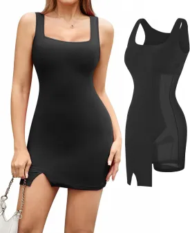Popilush Shapewear Dress Built in Shapewear Bra 8 in 1 Square Neck Mini Slit Bodycon Summer Dress for Women