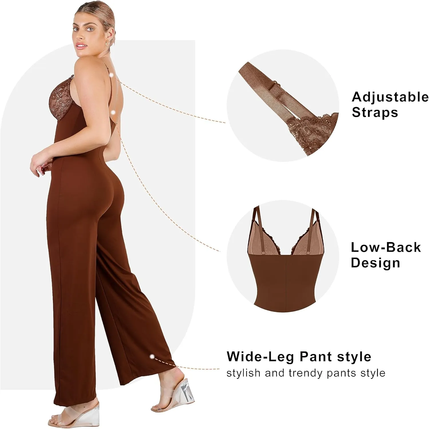Popilush Shapewear Jumpsuit for Women - Lace Jumpsuit Built in Shapewear V Neck Spaghetti Straps Wide Leg Romper