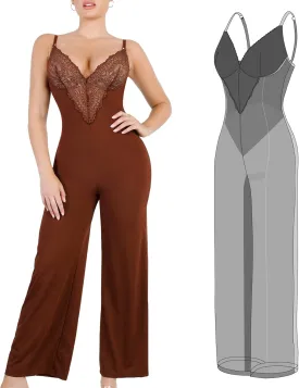 Popilush Shapewear Jumpsuit for Women - Lace Jumpsuit Built in Shapewear V Neck Spaghetti Straps Wide Leg Romper
