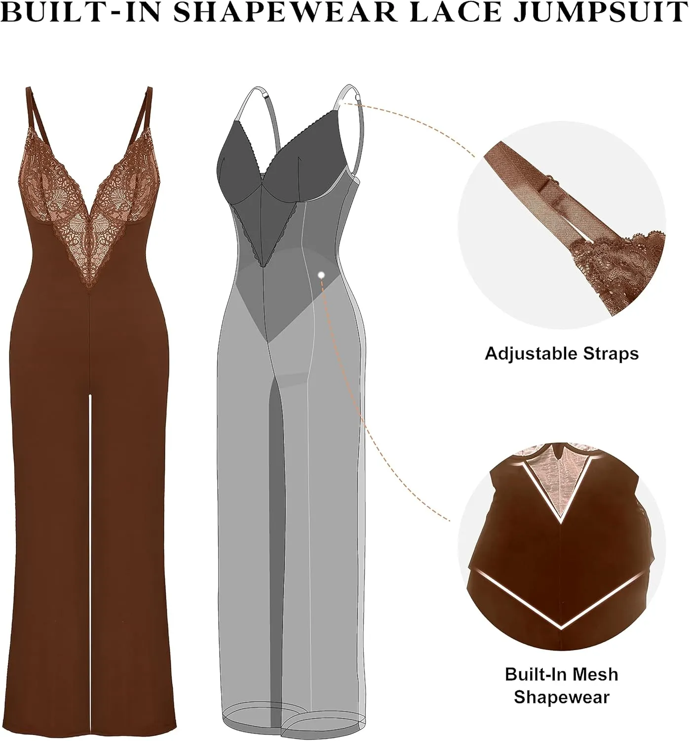 Popilush Shapewear Jumpsuit for Women - Lace Jumpsuit Built in Shapewear V Neck Spaghetti Straps Wide Leg Romper