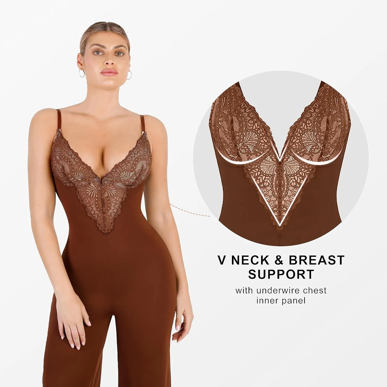 Popilush Shapewear Jumpsuit for Women - Lace Jumpsuit Built in Shapewear V Neck Spaghetti Straps Wide Leg Romper
