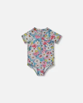 Printed Short Sleeve One-Piece Swimsuit With Frills White, Pink, And Green Flowers