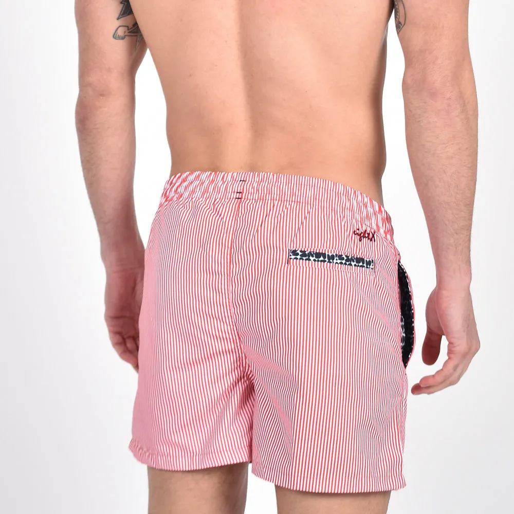 Red Stripe Print Swim Trunks