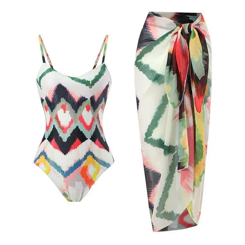 Retro One Piece Swimsuit Skirt Swimwear