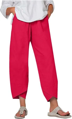Ruziyoog Capri Pants for Women Casual Summer Cotton Linen Wide Leg Capris Elastic Waist Palazzo Cropped Comfy Baggy Trousers