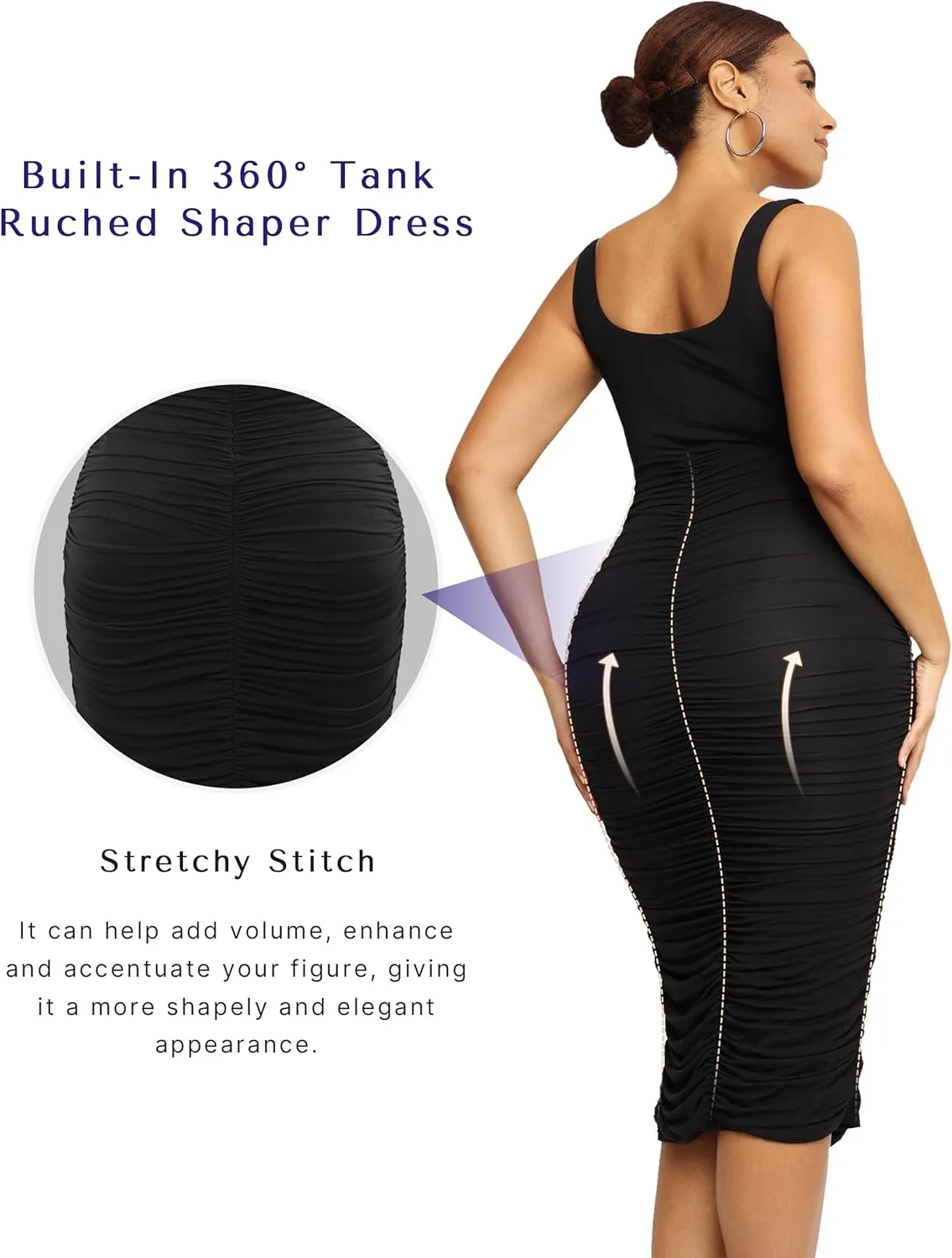 SHAPELLX Shaper Dress Sexy Ruched Bodycon Dress for Women Built-in 360 Tank Top Casual Party Club Midi Dresses