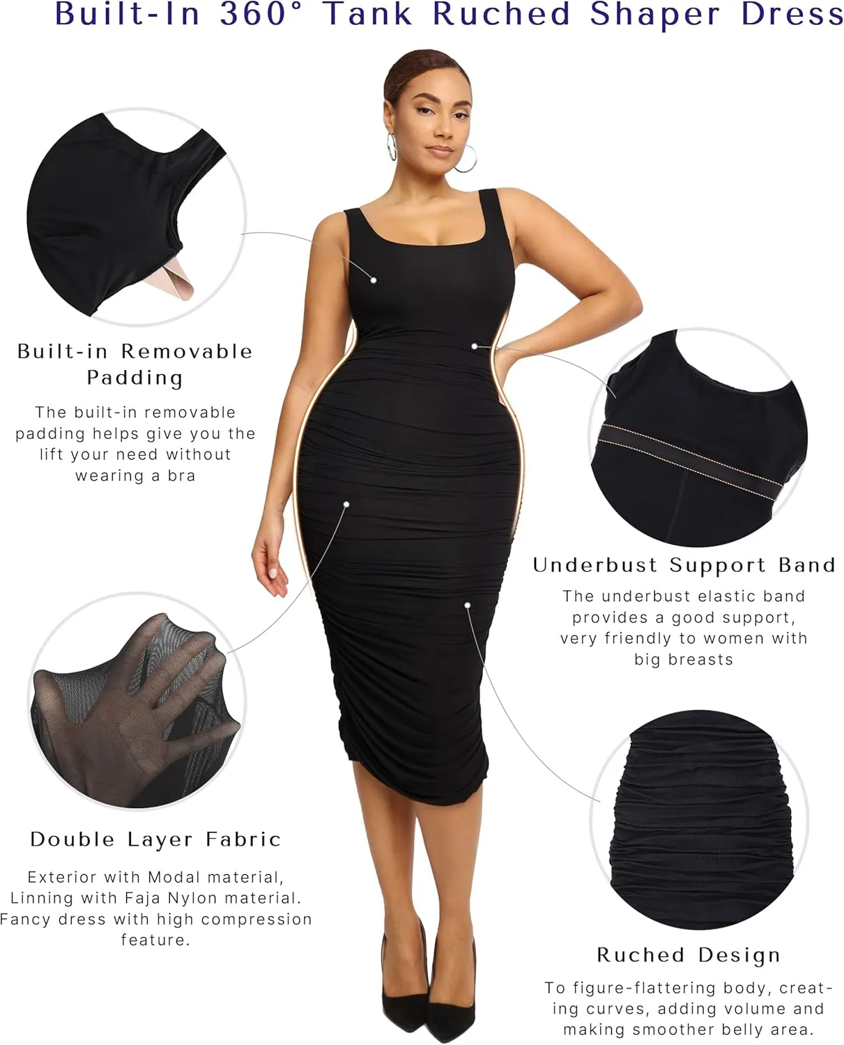 SHAPELLX Shaper Dress Sexy Ruched Bodycon Dress for Women Built-in 360 Tank Top Casual Party Club Midi Dresses