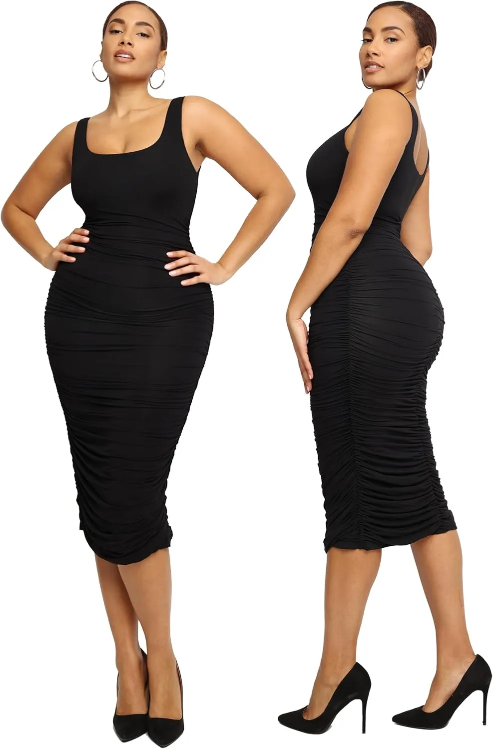 SHAPELLX Shaper Dress Sexy Ruched Bodycon Dress for Women Built-in 360 Tank Top Casual Party Club Midi Dresses