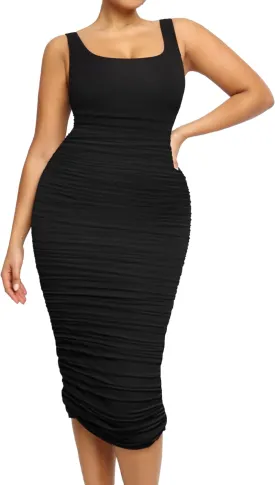 SHAPELLX Shaper Dress Sexy Ruched Bodycon Dress for Women Built-in 360 Tank Top Casual Party Club Midi Dresses