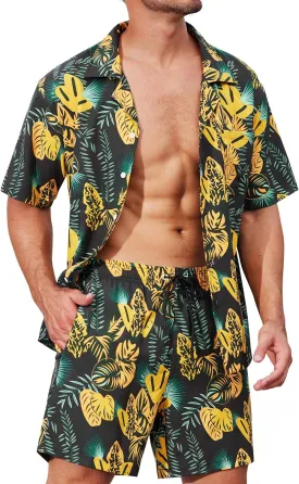 SILKWORLD Men's Casual Button Down Shirts 2 Piece Short Sleeve Outfits Hawaiian Shirt and Shorts Set