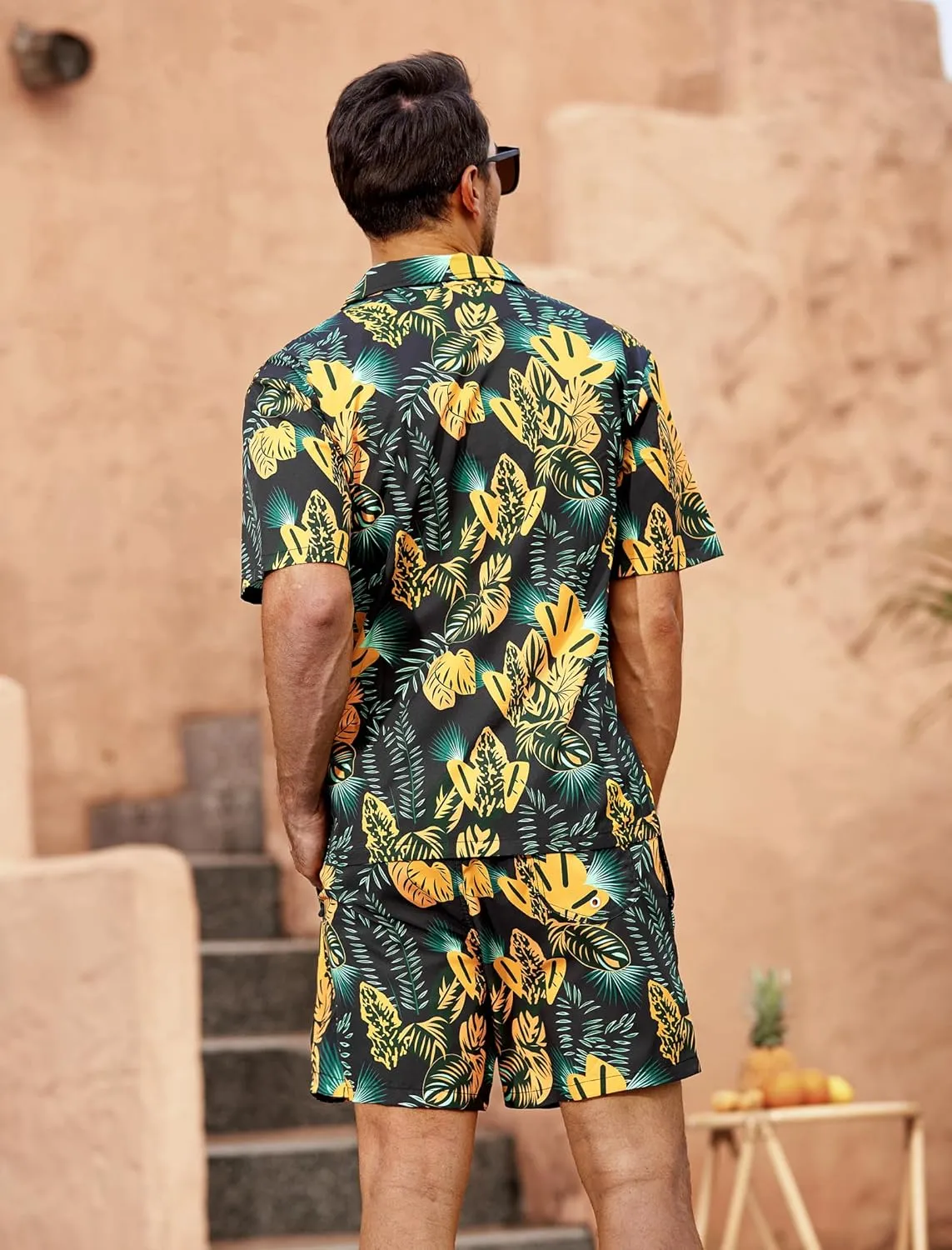 SILKWORLD Men's Casual Button Down Shirts 2 Piece Short Sleeve Outfits Hawaiian Shirt and Shorts Set