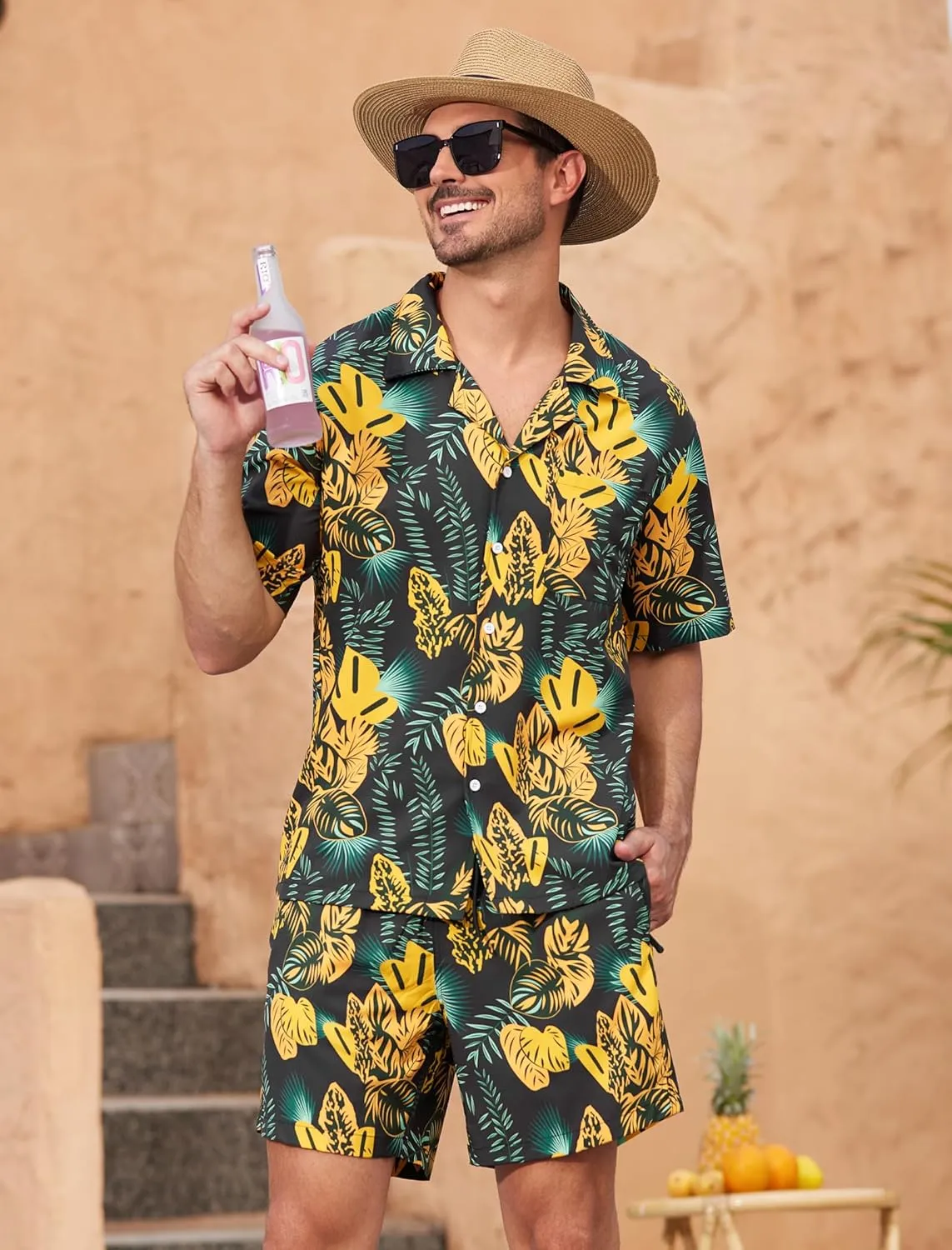 SILKWORLD Men's Casual Button Down Shirts 2 Piece Short Sleeve Outfits Hawaiian Shirt and Shorts Set